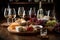 A sophisticated wine tasting experience, featuring an assortment of fine red and white wines, with elegant wine glasses, a