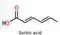 Sorbic acid, 2,4-hexadienoic acid, E200 molecule. It is hexadienoic and polyunsaturated fatty acid. It is conjugate acid of sorbat