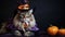 Sorcerer\\\'s Companion: Majestic Long-Haired Cat with Halloween Pumpkins: Regal Cat in Sparkling Witch Hat for Halloween