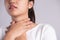 Sore Throat. Closeup Of Beautiful Young Woman Hand Touching Her Ill Neck. Healthcare and medical concept