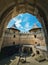 Soroca Fortress view from inside. Ancient military fort, historical landmark located in Moldova. Old stone walls fortifications,