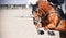 A sorrel horse jumps high at a show jumping competition