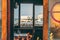 Sorrento, Marina grande seascape beach view through the window of small restaurant