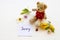 Sorry message card handwriting with colorful flowers cosmos, ylang ylang and teddy bear