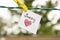 Sorry. Sticker with sorry inscription and red heart that hangs with a clothespin on a rope. I`m sorry lettering.