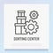 Sorting center thin line icon: stack of parcels with wheels. Modern vector illustration for delivery service