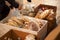 Sorting fresh bread in boxes, humanitarian food aid