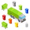 Sorting and recycling waste. Garbage multicolor baskets, bin, container and garbage truck, vector 3d isometric icons set