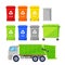 Sorting and recycling waste. Garbage multicolor baskets, bin, container and garbage truck, vector flat icons set