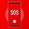 SOS lettering in a phone icon isolated on white background. Warning bell, help sign. Flat design. Vector Illustration.