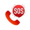 SOS lettering in a phone icon isolated on white background. Warning bell, help sign. Flat design. Vector Illustration.