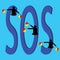 Sos semaphore flags and text on blue background.