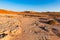 Sossusvlei Namibia, travel destination in Africa. Sand Dunes and clay salt pan with acacia trees, Namib Naukluft National Park, Na