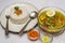 Soto ayam betawi, traditional Indonesian meal on white background