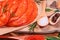 Sottilissime. Delicious dietary meat. Cooking,food of meat and fillets.Raw sliced chicken meat on a wooden background. close-up