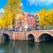 Soul of Amsterdam. Beautiful autumn, golden falling leaves, old sloping houses, bridges, canals. Autumn day in Amsterdam.