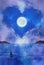 Soul journey, moon light guidance, twin flame energy dance, heart shape cloud, full moon rising out of the sea, night landscape