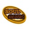 Soul music logo with skewed oval border,warm vintage gold,brown,orange,red colours