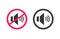 Sound audio voice icon on off vector graphic or mute silence mode pictogram black red, talk speak noise control button with loud