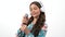 sound creativity from childrens musical blogger child in earphones with mic, singer