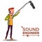 Sound Engineer Man Vector. Audio Recording Process. Recording News, Film. Cinematography. Isolated Cartoon Illustration