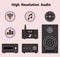 Sound equipment and high resolution audio. Flat icons. Vector illustration