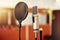 Sound equipment, microphone or recording studio gear for singer, musician or pop artist in music practice, theatre or