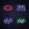 Sound waves neon light icons set. Audio waves. Music frequency. Voice line, overlapping soundwaves. Heart rhythm, beat