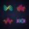 Sound waves neon light icons set. Glowing signs. Audio waves. Sound, voice recording. Music rhythm logotype. Soundwave