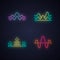 Sound waves neon light icons set. Glowing signs. Noise, vibration frequency. Volume, equalizer level wavy lines. Music