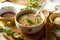 Soup with cereals and legumes in the bowl