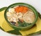 Soup with chicken fillet chicken fillet, shitaki, spinach, quail egg, daikon, leek, Ramen noodles, sesame