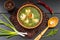 Soup with dumplings. Wooden table. Top view. Close-up