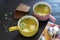 Soup with meatballs in colorful bowl with slices of grain bread