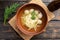 soup with noodles, meatballs and parsley and dill