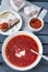 Soup, plate with borscht with sour cream, borscht with lard, bread with lard garlic and ketchup on with gray wooden background