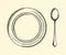 Soup plate and spoon. Cutlery vector retro illustration of a hand drawing