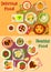 Soup, salad and meat dishes icon set design