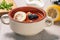 Soup saltwort with meat, potatoes, tomatoes, lemon, black olives