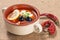 Soup saltwort with meat, potatoes, tomatoes, lemon, black olives