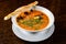 Soup with seafood. Appetizing soup with fish and mussels, served