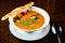 Soup with seafood. Appetizing soup with fish and mussels, served