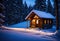 The only source of light in a secluded cabin in a snow-covered forest