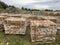 Sourcing red brick from demolition. Stacks of bricks prepared for sale