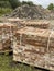 Sourcing red brick from demolition. Stacks of bricks prepared for sale