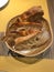 Sourdough dough in proofing basket , whole wheat. Rye flour bread slices. Home baked bread