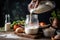 sourdough starter being fed with fresh ingredients and water for a new batch