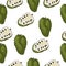 Soursop seamless pattern, tropical fruit guanabana green color whole and half on white background