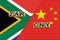 South Africa and China currencies codes on national flags background