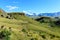 South Africa Drakensberge scenic landscape, green Giants Castle wide panorama, sunny blue sky, clouds,mountains,hills,valley